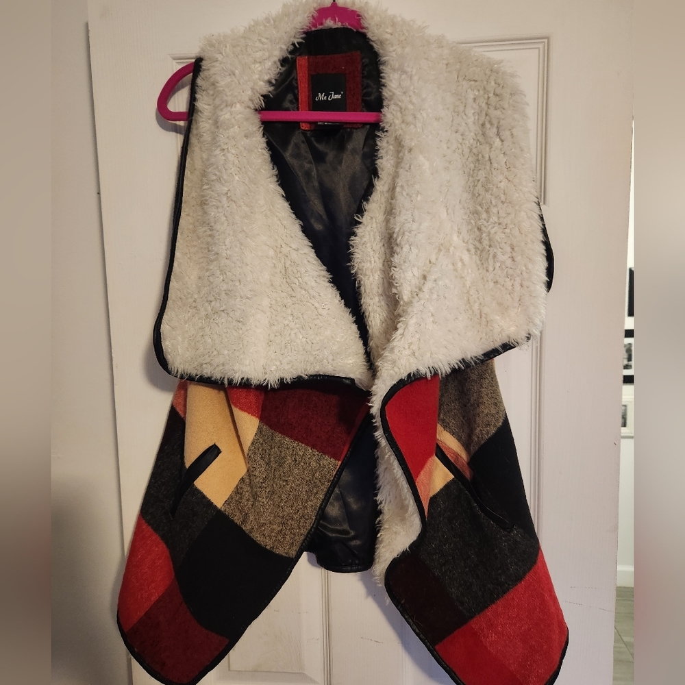 Plaid and white fuzzy vest
